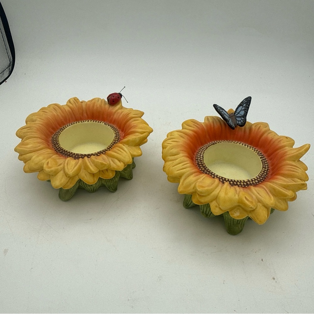 2 PartyLite Sunflower Buddies Ladybug Butterfly Tealight  Candle Holders